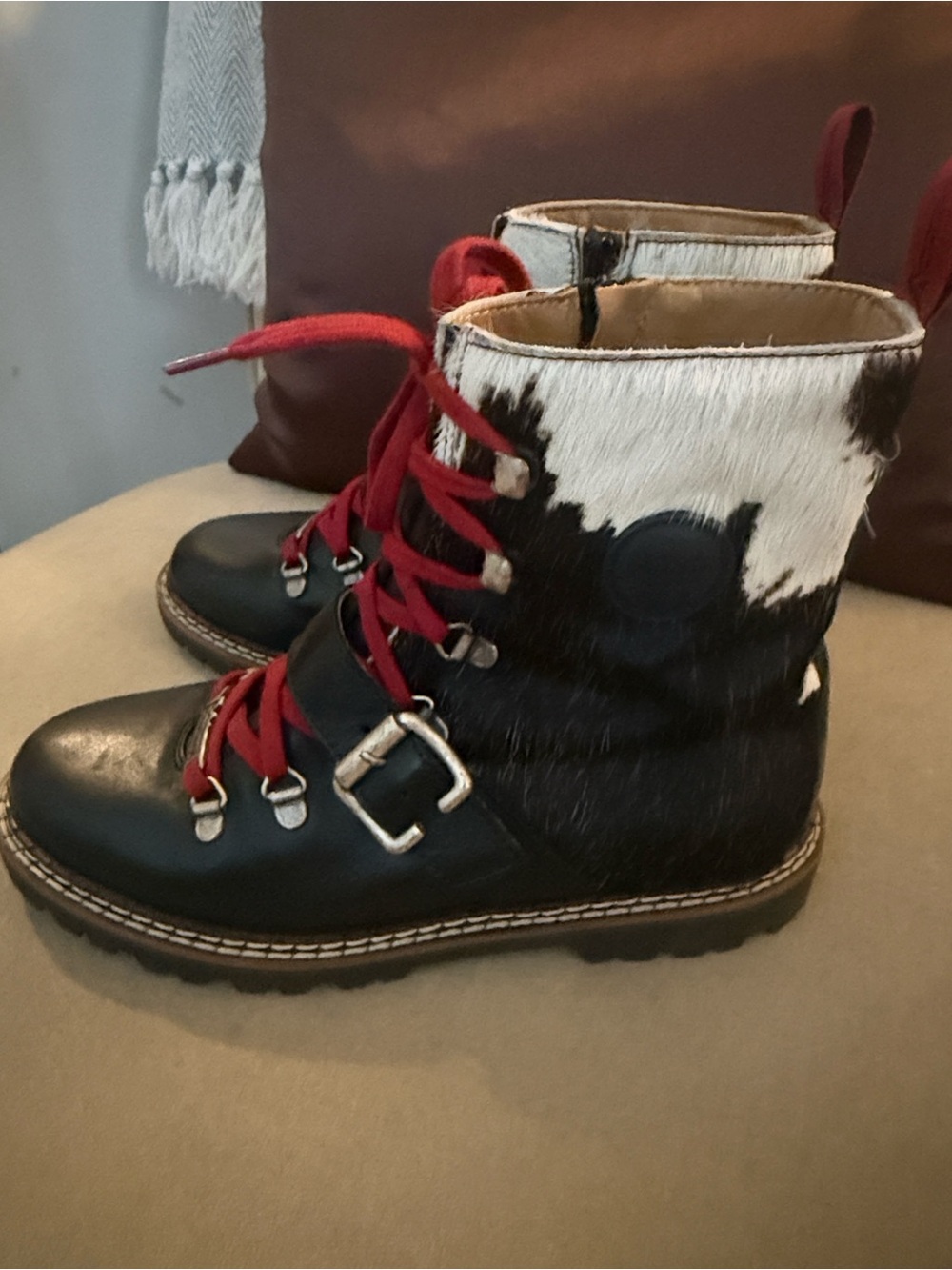 Women’s Ankle Boots with Red Laces and Black/White Haircalf